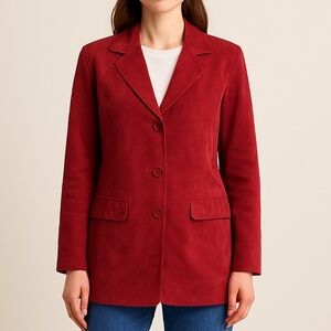 Jessica Holbrook Berry Red Suede Leather Blazer Jacket Wmns M, Longline 3-Button